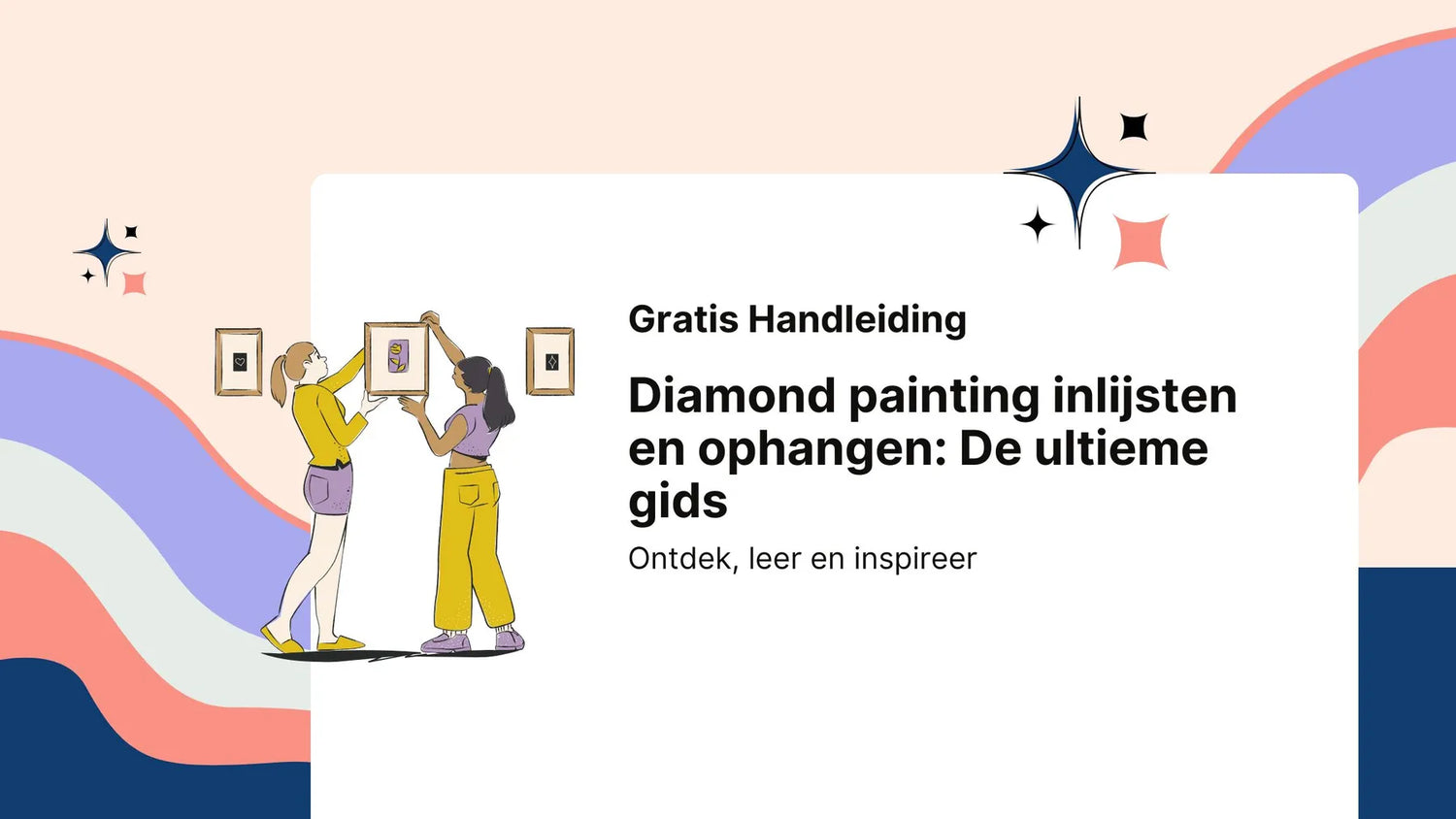 Grafische handleiding van Glittercraft met twee personen die een diamond painting inlijsten en ophangen aan een muur met golvende patronen