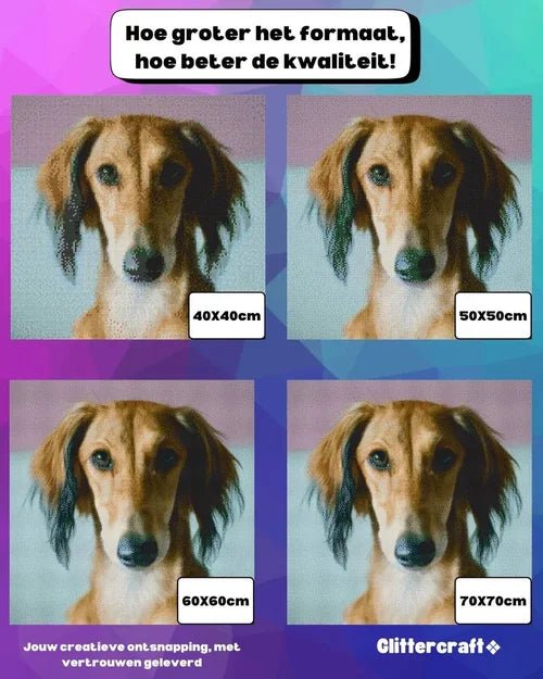 Formaten en kwaliteitsvergelijking van een hond op een diamond painting eigen foto van Glittercraft.
