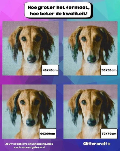 Formaten en kwaliteitsvergelijking van een hond op een diamond painting eigen foto van Glittercraft.