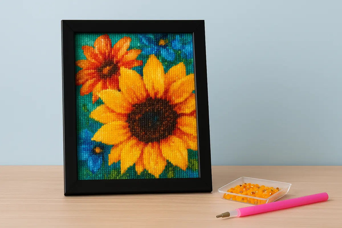 Diamond painting van zonnebloemen in een zwarte lijst met applicatiepen en bakje steentjes op een houten tafel