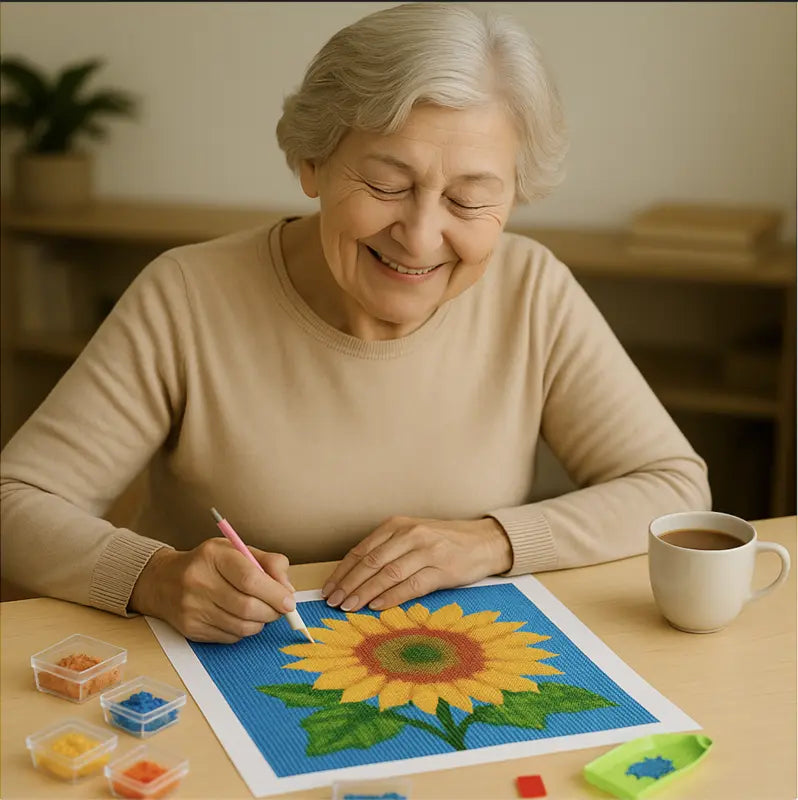 Oude dame doet aan diamond painting omdat het goed is voor haar gezondheid